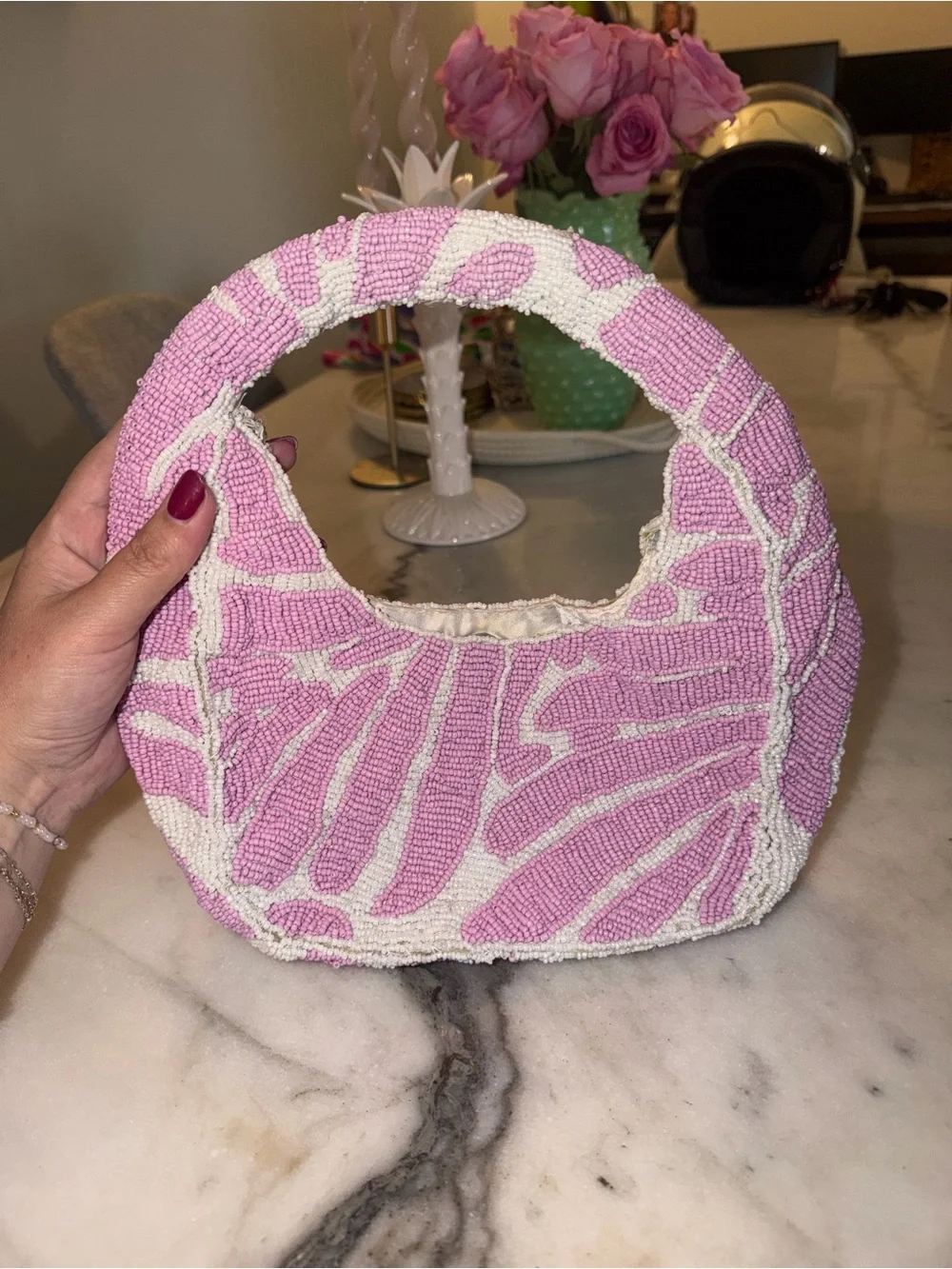 Kelly & Katie Pink and White Beaded Circle-Handle Clutch